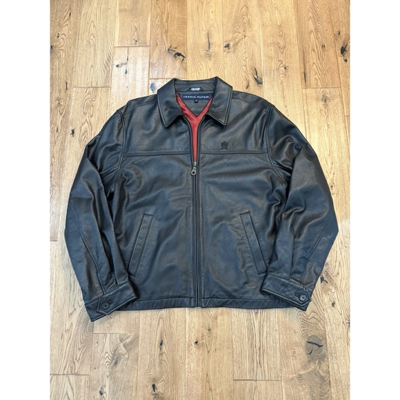 Vintage Men's Tommy Hilfiger Leather Bomber Jacket Black Medium - Picture 1 of 8